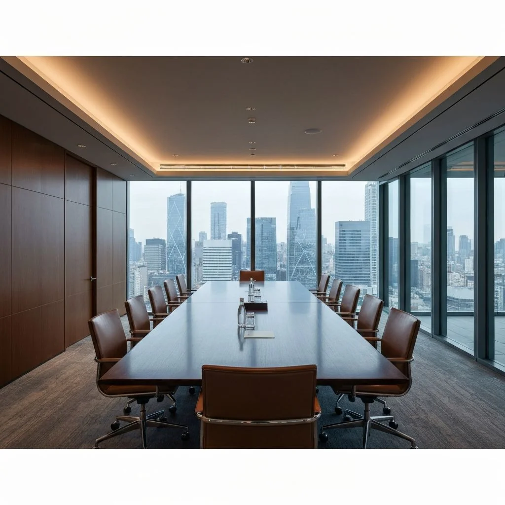 Modern consulting workspace overlooking city skyline